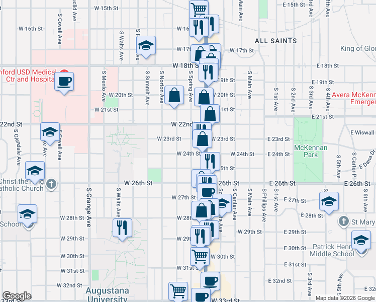 map of restaurants, bars, coffee shops, grocery stores, and more near 1510 South Duluth Avenue in Sioux Falls