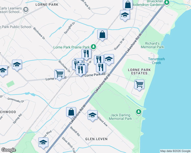 map of restaurants, bars, coffee shops, grocery stores, and more near 1050 Lorne Park Road in Mississauga
