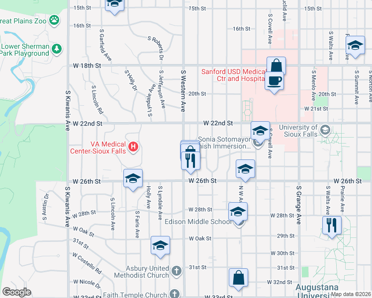 map of restaurants, bars, coffee shops, grocery stores, and more near 1508 South Western Avenue in Sioux Falls