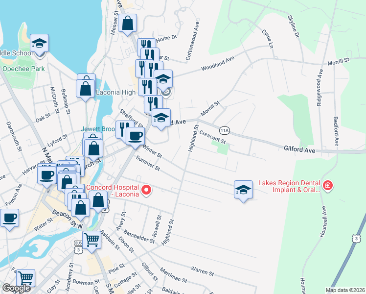 map of restaurants, bars, coffee shops, grocery stores, and more near 37 Girard Street in Laconia