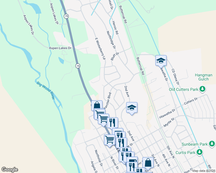 map of restaurants, bars, coffee shops, grocery stores, and more near 200 Cranbrook Road in Hailey