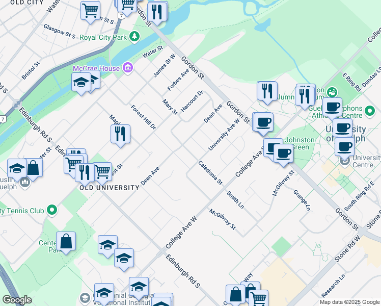 map of restaurants, bars, coffee shops, grocery stores, and more near Caledonia Street in Guelph