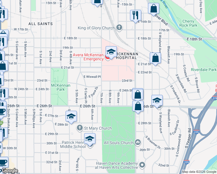 map of restaurants, bars, coffee shops, grocery stores, and more near 1643 South 8th Avenue in Sioux Falls