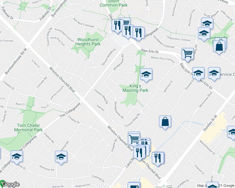 map of restaurants, bars, coffee shops, grocery stores, and more near 2668 Windjammer Road in Mississauga