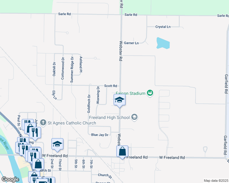 map of restaurants, bars, coffee shops, grocery stores, and more near 8457 Webster Road in Freeland