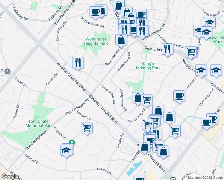 map of restaurants, bars, coffee shops, grocery stores, and more near 2631 Roblo Road in Mississauga