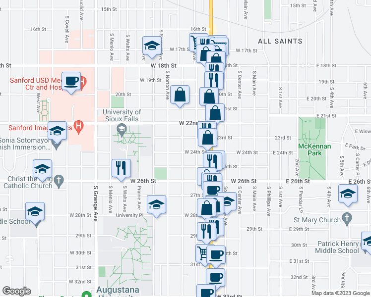 map of restaurants, bars, coffee shops, grocery stores, and more near 1510 South Duluth Avenue in Sioux Falls