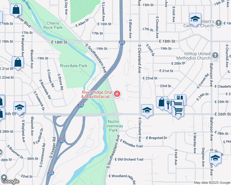 map of restaurants, bars, coffee shops, grocery stores, and more near 1630 South Southeastern Avenue in Sioux Falls