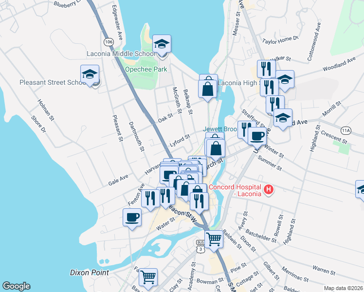 map of restaurants, bars, coffee shops, grocery stores, and more near 64 Parker Street in Laconia
