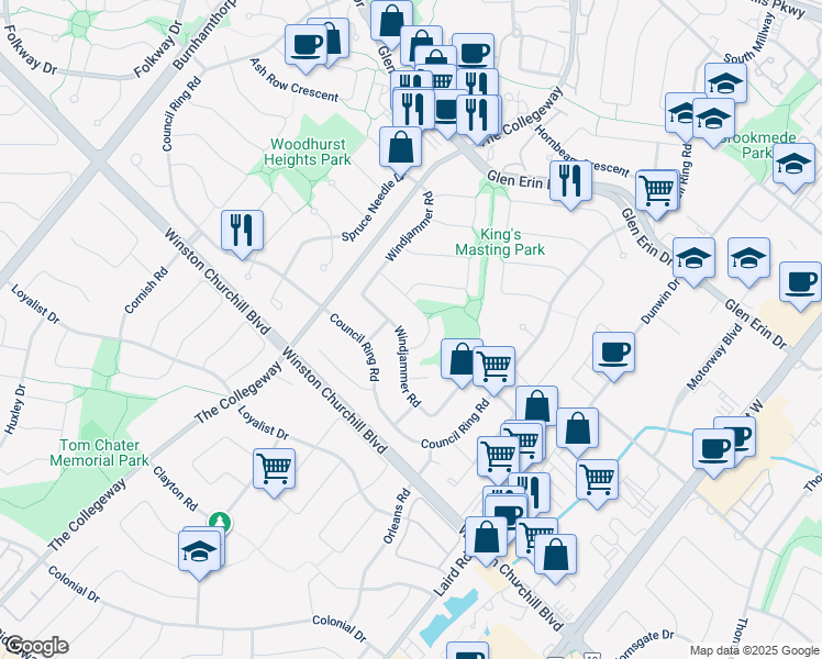 map of restaurants, bars, coffee shops, grocery stores, and more near 3320 Tallmast Crescent in Mississauga