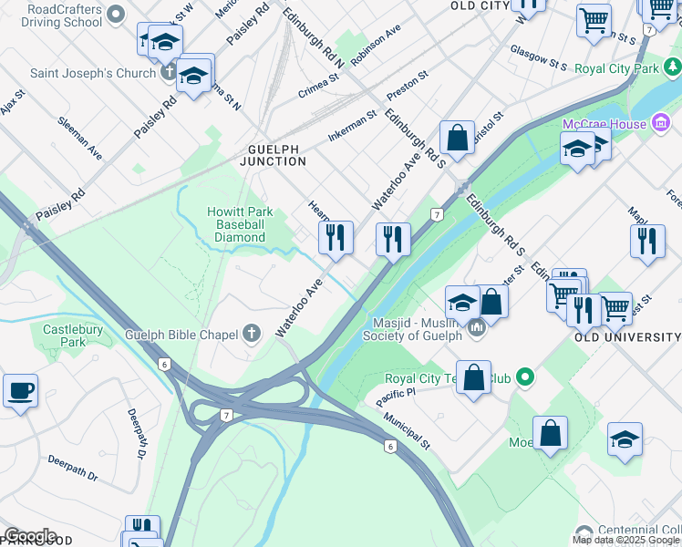 map of restaurants, bars, coffee shops, grocery stores, and more near 31 Roland Street in Guelph