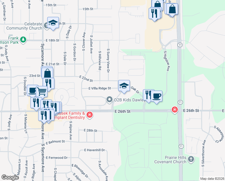 map of restaurants, bars, coffee shops, grocery stores, and more near 5213 East Villa Ridge Street in Sioux Falls