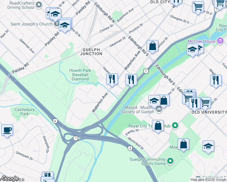map of restaurants, bars, coffee shops, grocery stores, and more near 358 Waterloo Avenue in Guelph