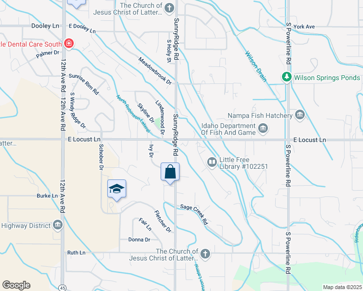 map of restaurants, bars, coffee shops, grocery stores, and more near 807 East Locust Lane in Nampa