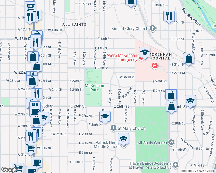 map of restaurants, bars, coffee shops, grocery stores, and more near 1603 South 5th Avenue in Sioux Falls