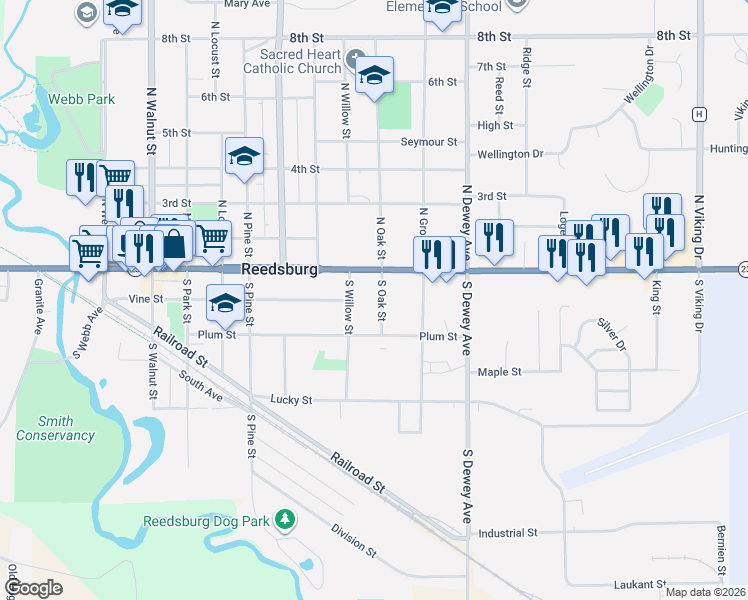 map of restaurants, bars, coffee shops, grocery stores, and more near 148 S Oak St in Reedsburg
