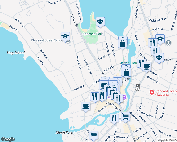 map of restaurants, bars, coffee shops, grocery stores, and more near 52 Dartmouth Street in Laconia