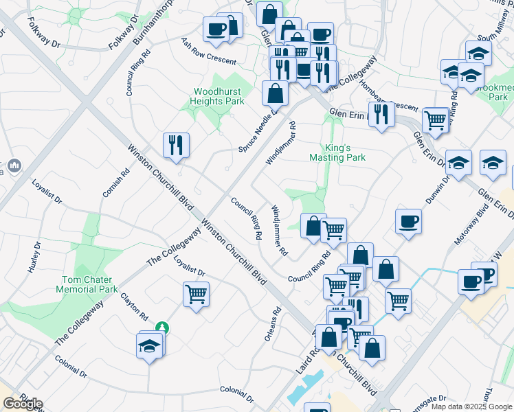 map of restaurants, bars, coffee shops, grocery stores, and more near 2625 Roblo Road in Mississauga