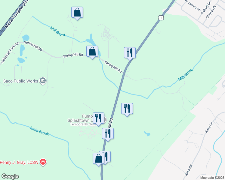 map of restaurants, bars, coffee shops, grocery stores, and more near 800 Portland Road in Saco