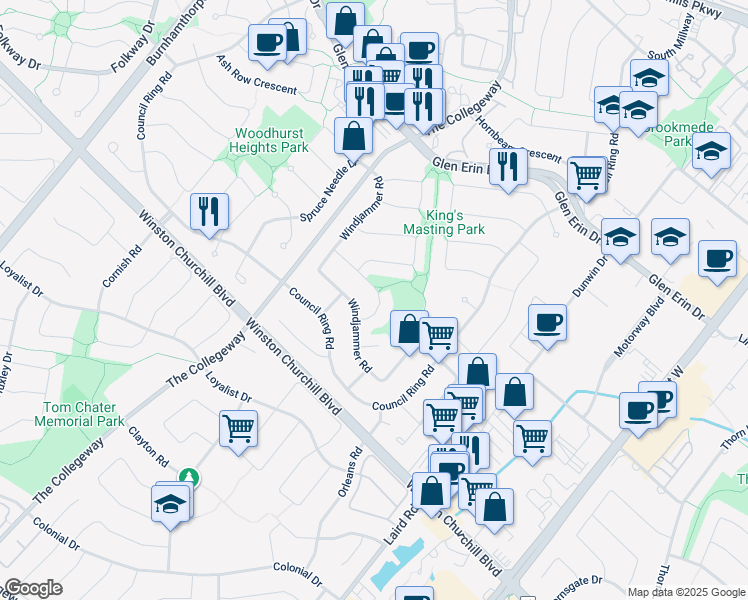 map of restaurants, bars, coffee shops, grocery stores, and more near 3320 Tallmast Crescent in Mississauga
