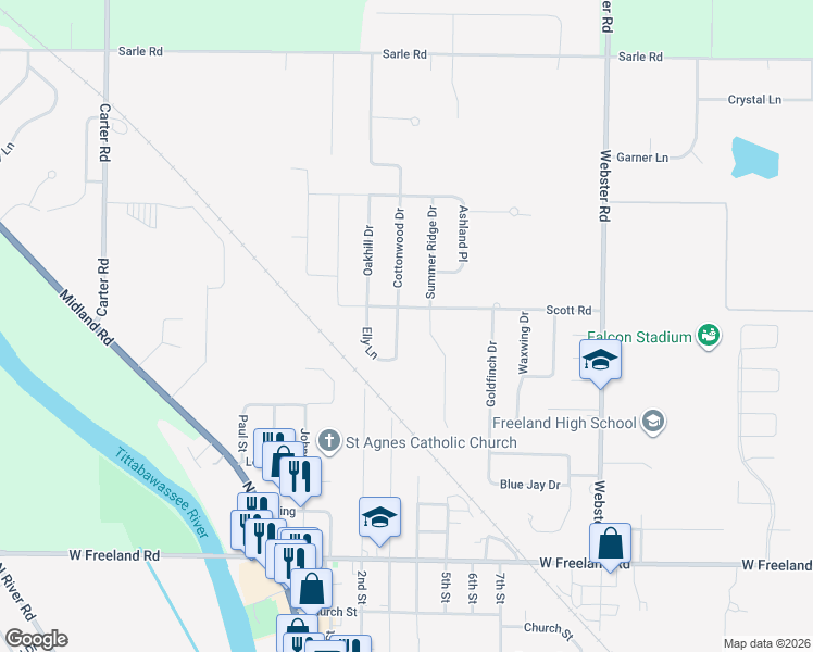 map of restaurants, bars, coffee shops, grocery stores, and more near 8470 Cottonwood Drive in Freeland