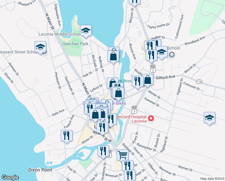 map of restaurants, bars, coffee shops, grocery stores, and more near 40 Messer Street in Laconia
