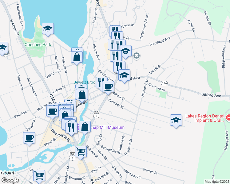 map of restaurants, bars, coffee shops, grocery stores, and more near 24 Winter Street in Laconia