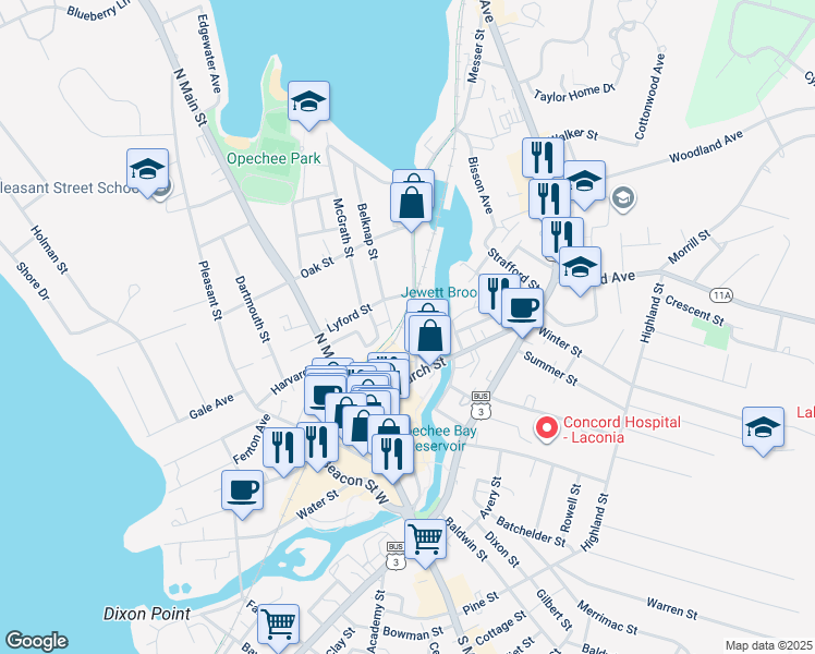 map of restaurants, bars, coffee shops, grocery stores, and more near 40 Messer Street in Laconia