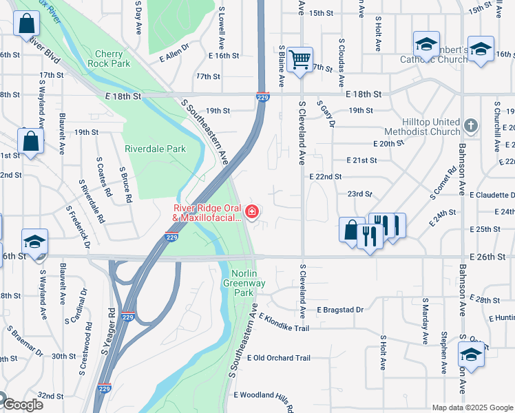 map of restaurants, bars, coffee shops, grocery stores, and more near 1630 South Southeastern Avenue in Sioux Falls