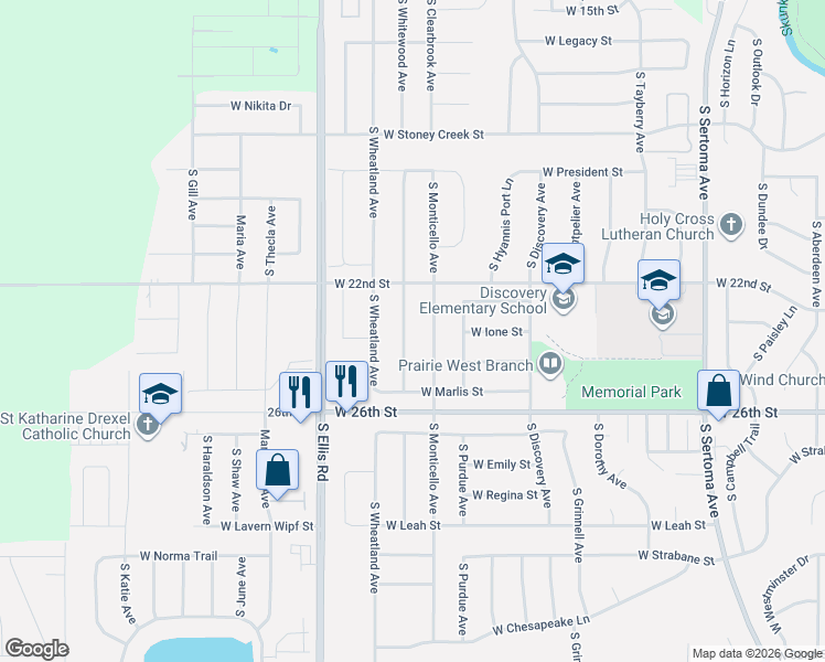 map of restaurants, bars, coffee shops, grocery stores, and more near 1603 South Monticello Avenue in Sioux Falls