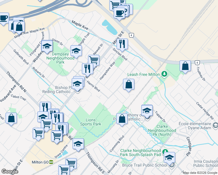 map of restaurants, bars, coffee shops, grocery stores, and more near 71 Livingston Road in Milton