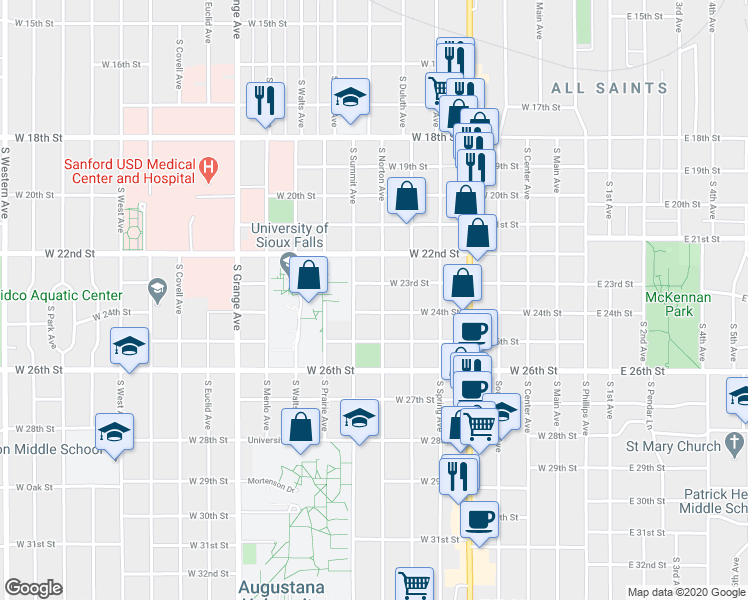 map of restaurants, bars, coffee shops, grocery stores, and more near 1511 South Norton Avenue in Sioux Falls