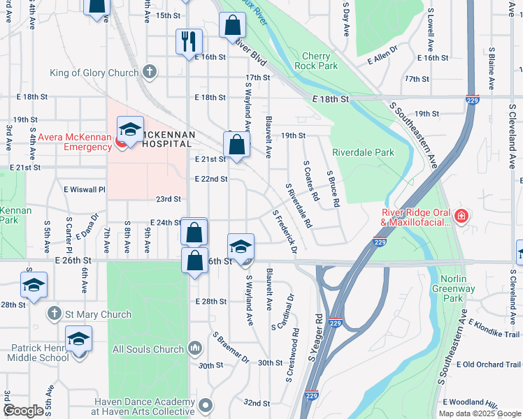map of restaurants, bars, coffee shops, grocery stores, and more near 1512 East 24th Street in Sioux Falls