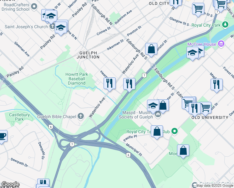 map of restaurants, bars, coffee shops, grocery stores, and more near 31 Roland Street in Guelph
