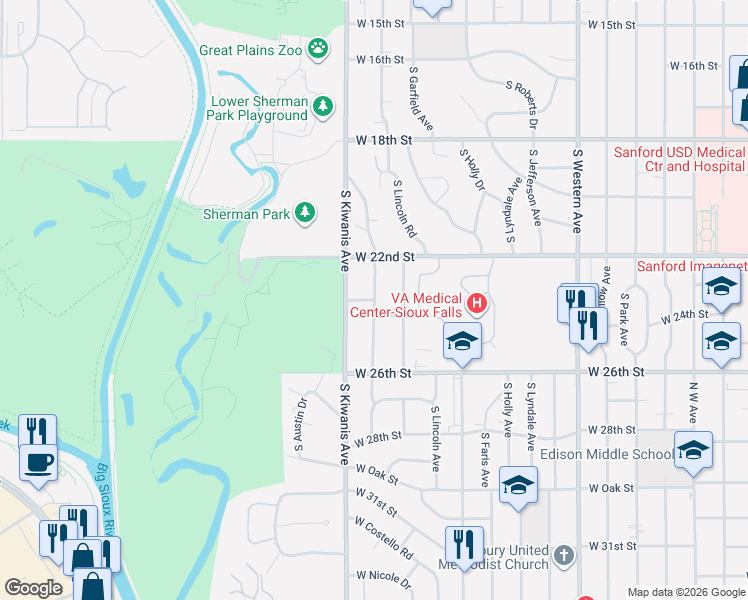 map of restaurants, bars, coffee shops, grocery stores, and more near 2801 West 23rd Street in Sioux Falls