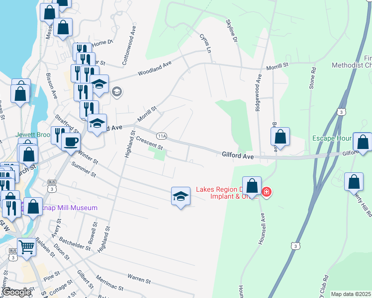 map of restaurants, bars, coffee shops, grocery stores, and more near 18 Brook Street in Laconia
