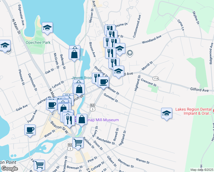 map of restaurants, bars, coffee shops, grocery stores, and more near 244 Union Avenue in Laconia
