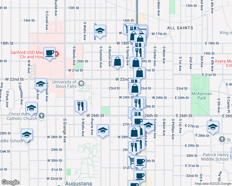 map of restaurants, bars, coffee shops, grocery stores, and more near 1510 South Duluth Avenue in Sioux Falls