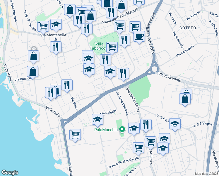 map of restaurants, bars, coffee shops, grocery stores, and more near 87 Viale Nazario Sauro in Livorno