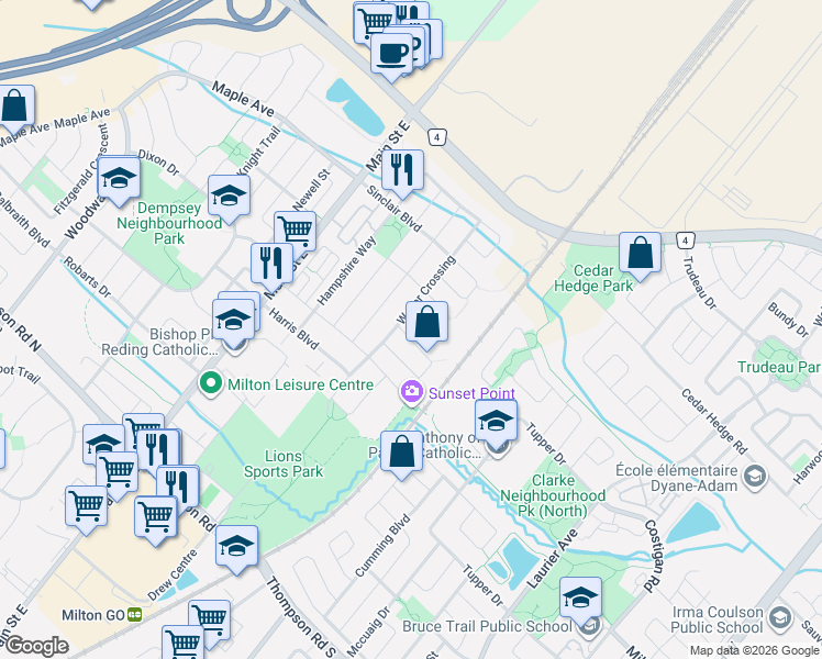 map of restaurants, bars, coffee shops, grocery stores, and more near 1318 Cartmer Way in Milton