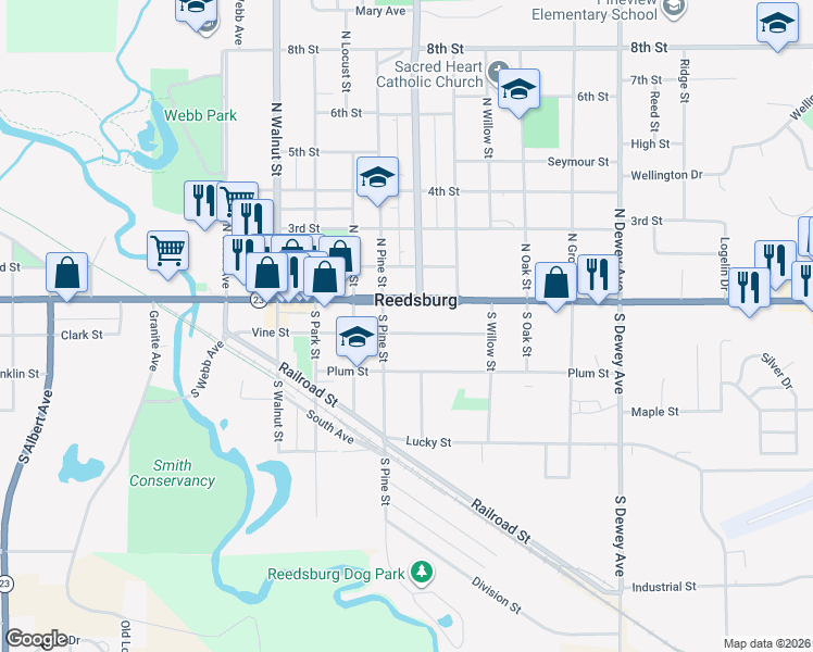 map of restaurants, bars, coffee shops, grocery stores, and more near 527 Vine Street in Reedsburg