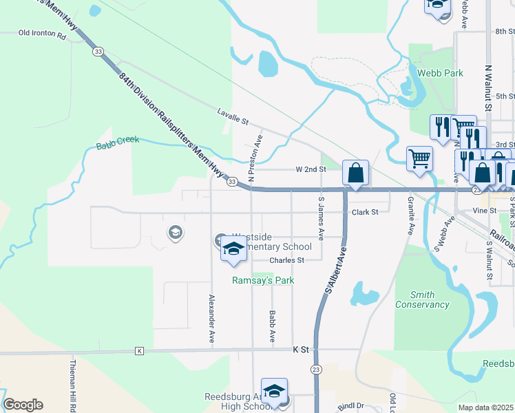 map of restaurants, bars, coffee shops, grocery stores, and more near 542 Clark St in Reedsburg