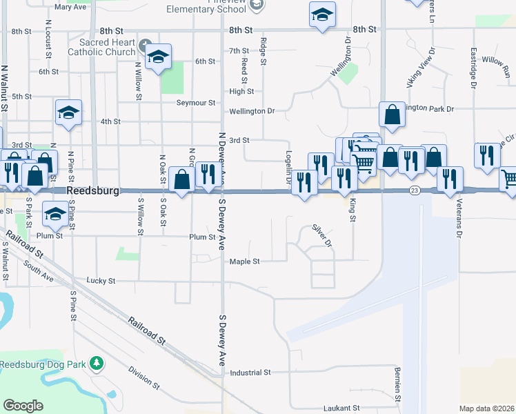 map of restaurants, bars, coffee shops, grocery stores, and more near 1136 East Main Street in Reedsburg