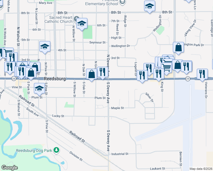 map of restaurants, bars, coffee shops, grocery stores, and more near 132 South Dewey Avenue in Reedsburg