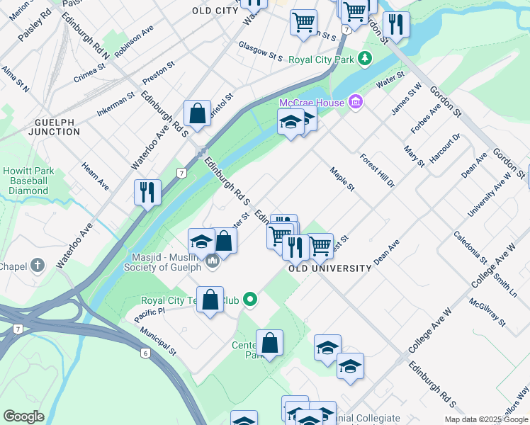 map of restaurants, bars, coffee shops, grocery stores, and more near 206 Edinburgh Road South in Guelph