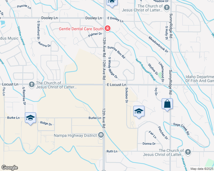 map of restaurants, bars, coffee shops, grocery stores, and more near 100 East Locust Lane in Nampa
