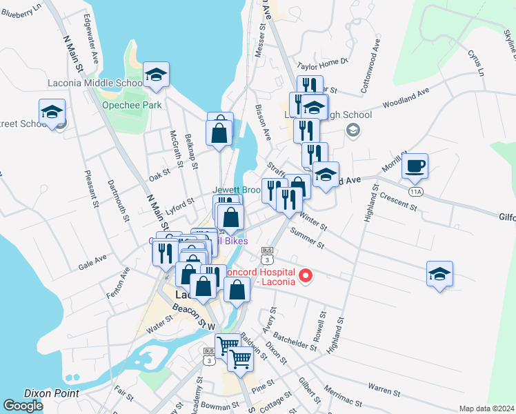 map of restaurants, bars, coffee shops, grocery stores, and more near 124 Church Street in Laconia