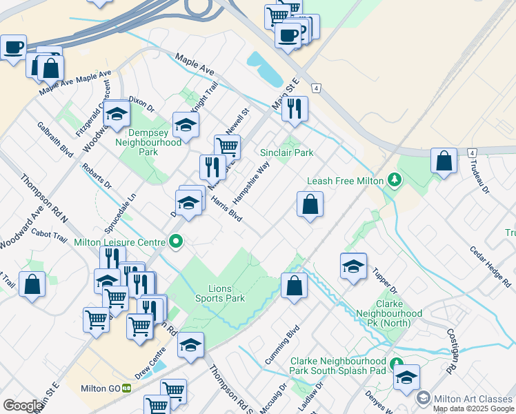 map of restaurants, bars, coffee shops, grocery stores, and more near 71 Livingston Road in Milton
