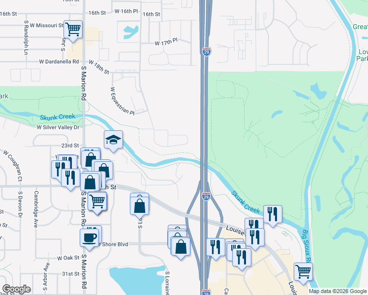 map of restaurants, bars, coffee shops, grocery stores, and more near Interstate 29 in Sioux Falls