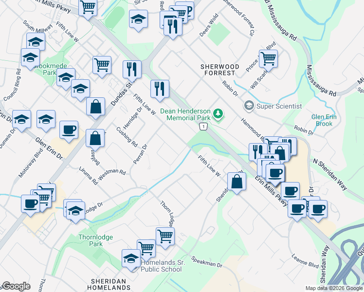 map of restaurants, bars, coffee shops, grocery stores, and more near 2518 Fifth Line West in Mississauga